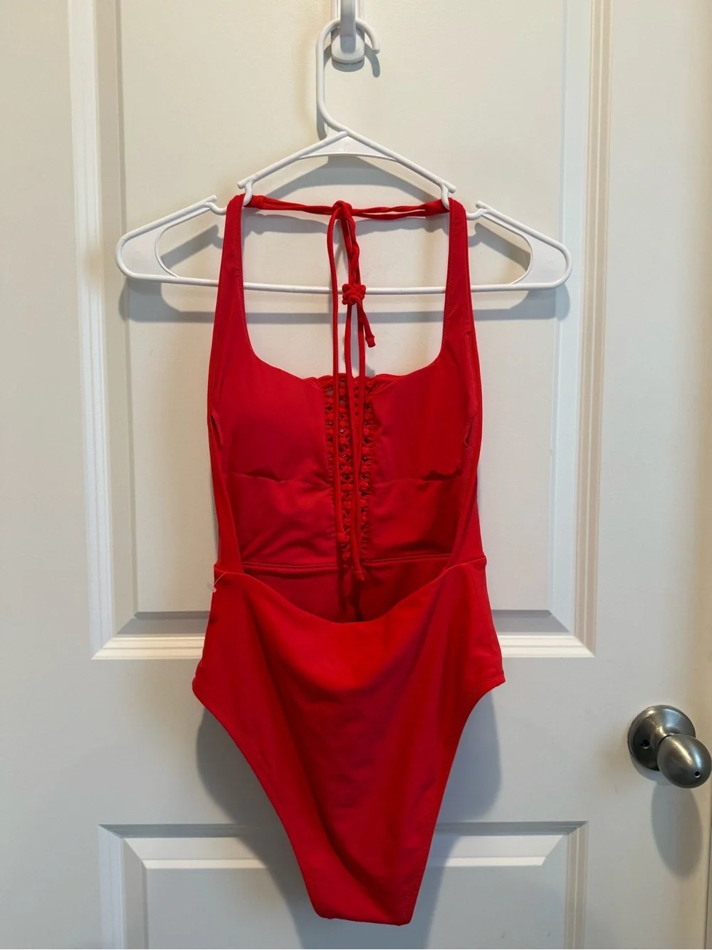 Aerie Red Macrame Plunge One Piece Swimsuit Halter Open Back Size Small
